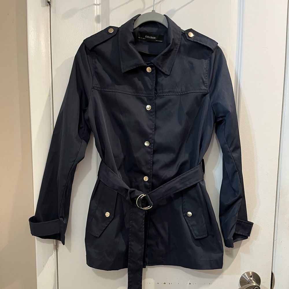 ZARA BASIC Belted Snap Front Jacket Sz L Navy Blue Snap Pockets Water Resistant